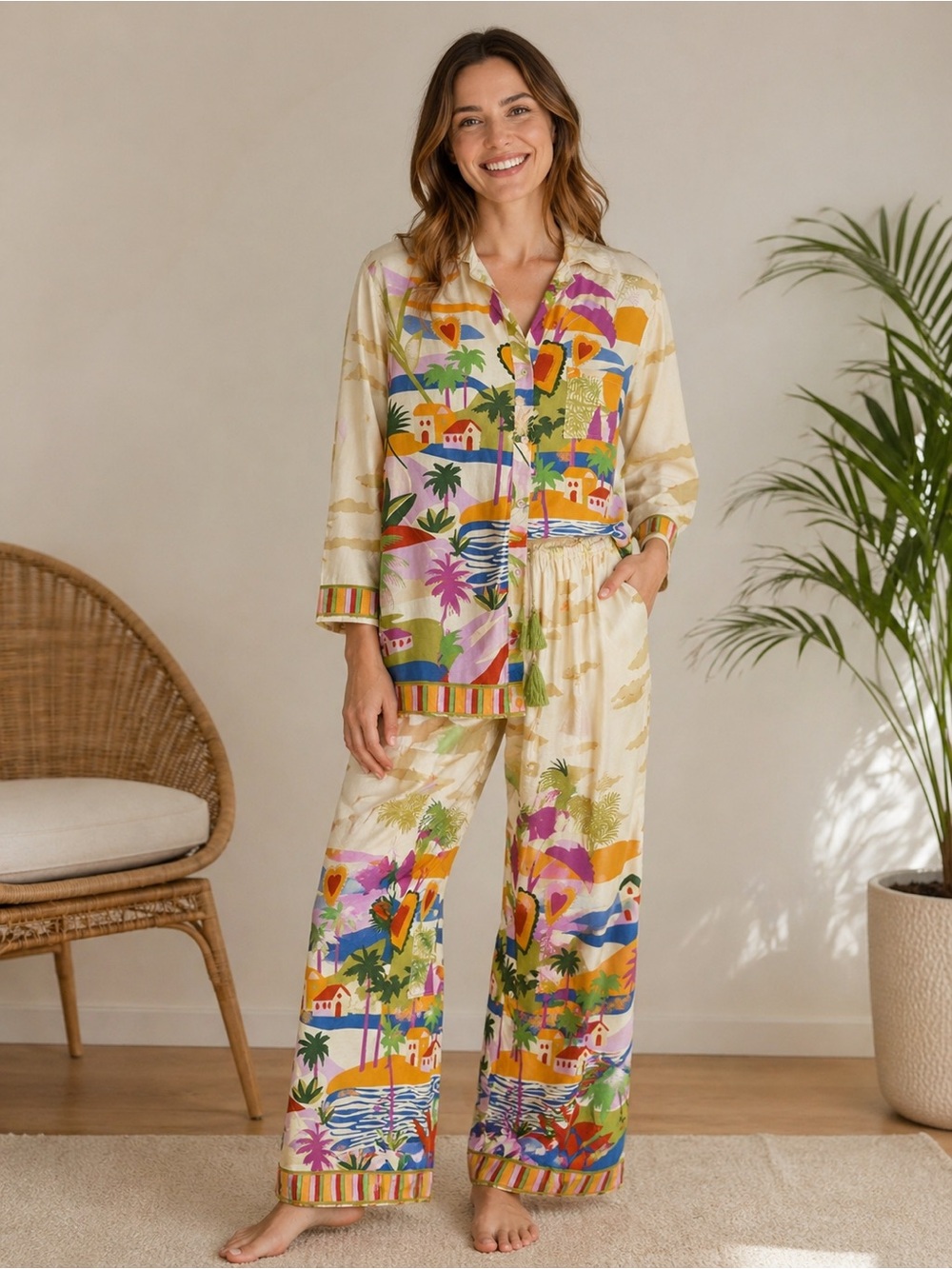 True Destinations Womens Tropical Matching Set Shirt Pants Beach Resort